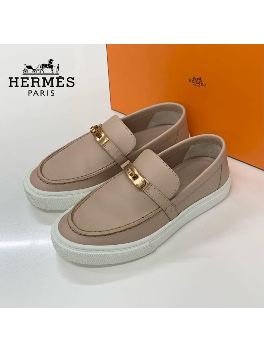Hermes Game Leather Kelly Slip-on Pink Beige Slippers